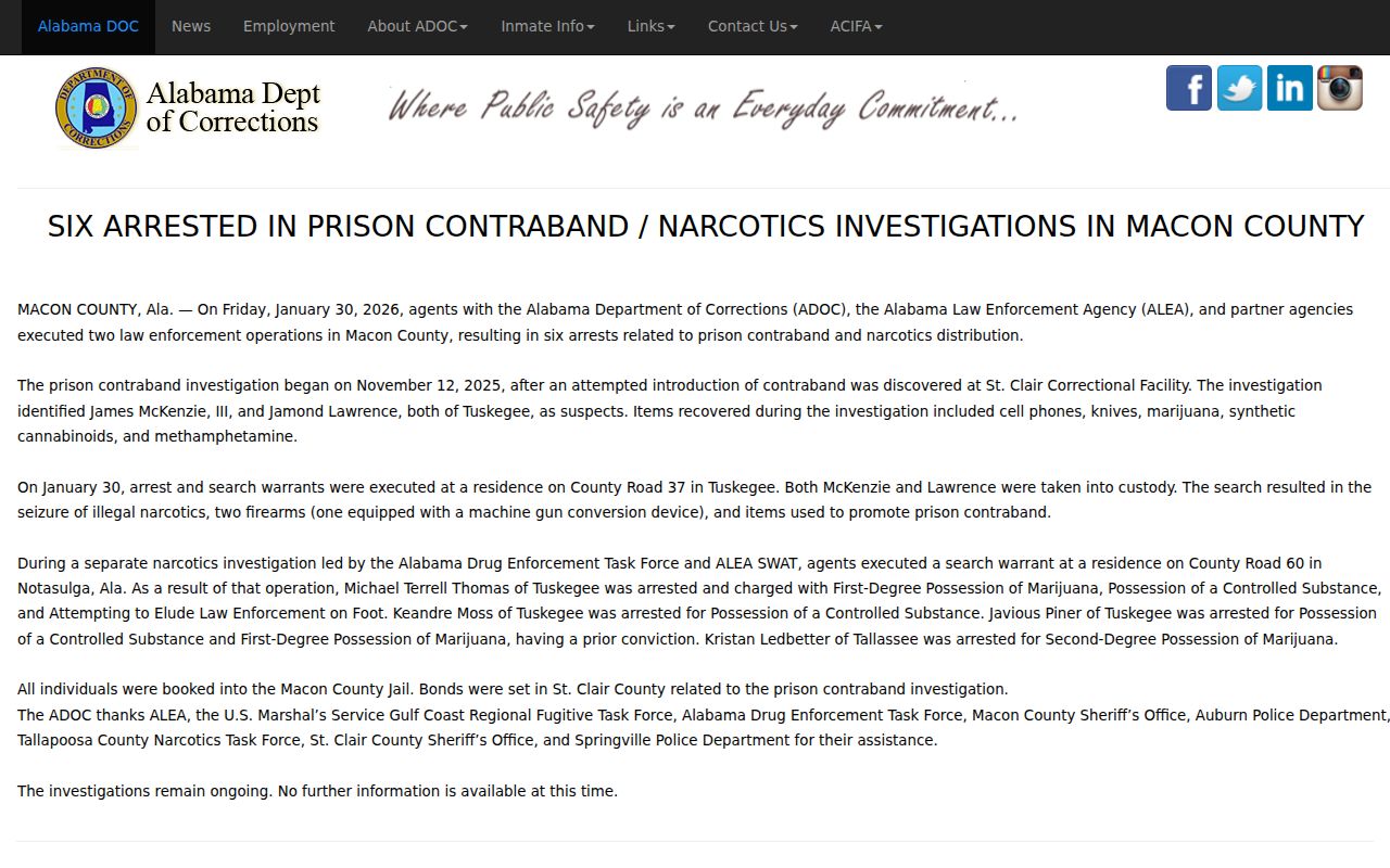 Macon County arrest records ADOC law enforcement release