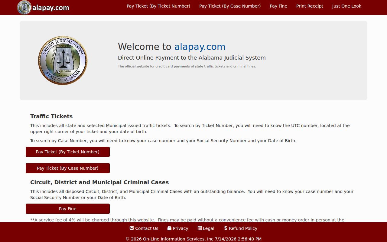 Macon County traffic court records Alapay ticket payment page